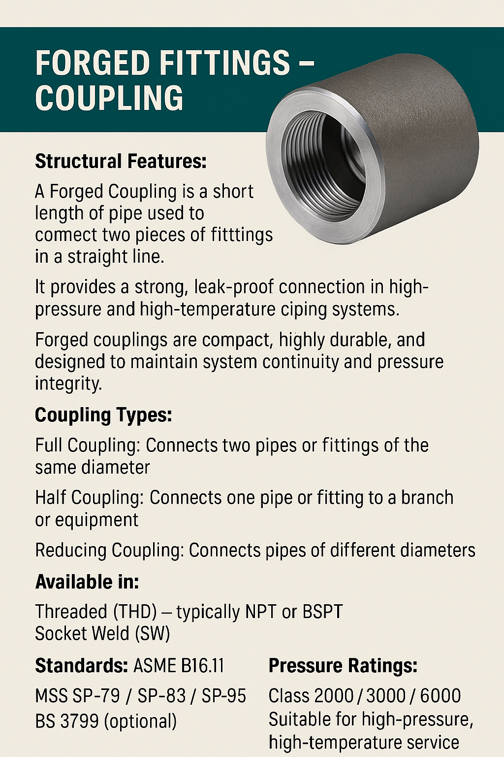 Forged Coupling Pipe Fitting | High-Pressure Threaded & Socket Weld Couplings
